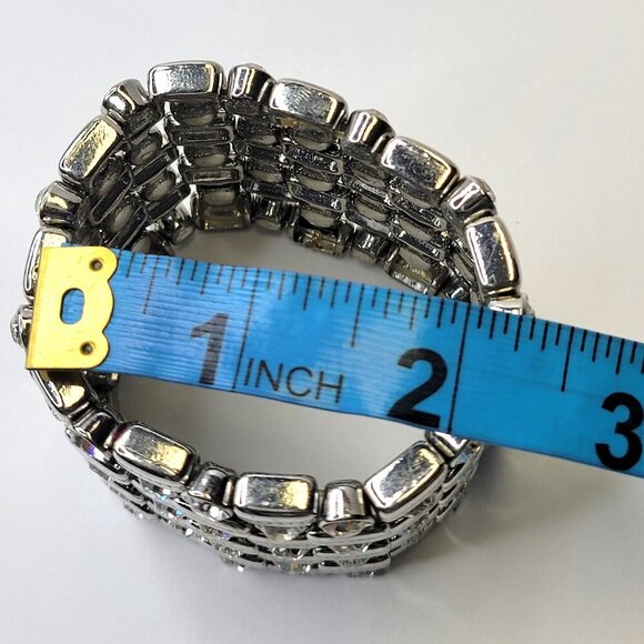 Women's Crystal Silver Tone Wide Stretch Cuff Bracelet - Picture 7 of 10